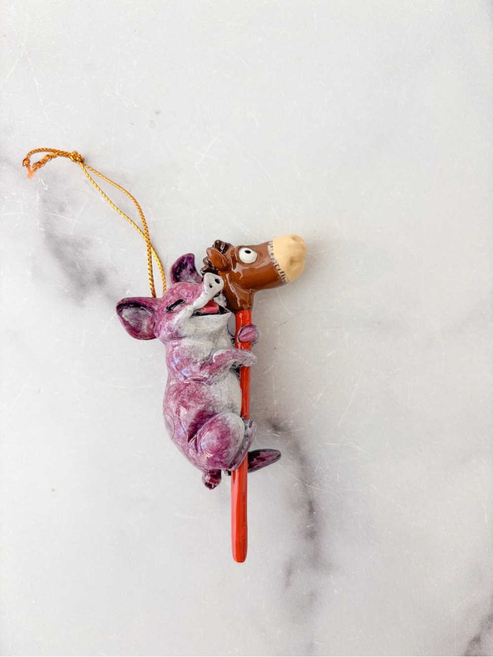 Kitty's Critters Pig Riding A Hobby Horse Christmas Ornament Starlite Creations
